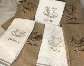 Embroidered  Kitchen Towels- Days of the Week Vintage English Teacup    ( Set of 7 ) Mother's Day Gift