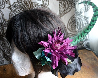 Sidrah - Black Rose with Green Pheasant Feather and Kuchi Buttom Hair Flower Fascinator Clip or Hat Adornment