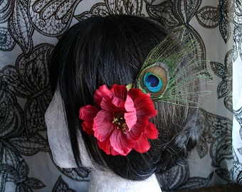 Red Poppy with Peacock Eye Hair Clip Fascinator or Hat Adornment