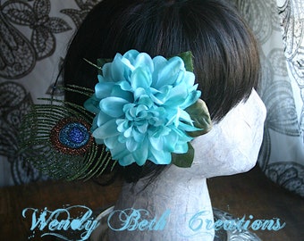 Turquoise Dahlia and Faux Peacock Feather Vegan Friendly Hair Clip Fascinator or Hat Clip