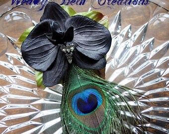 Opera Night Hair Clip Fascinator or Hat Adornment Black Orchid with Peacock Eye Feather