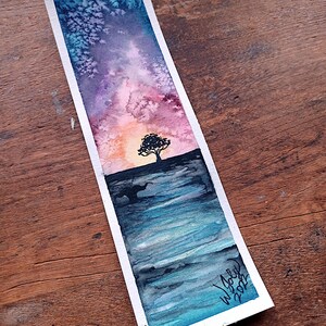 Sunset at the River Bend - Signed Watercolor Original Bookmark with Vinyl Sleeve and Yellow Tassel