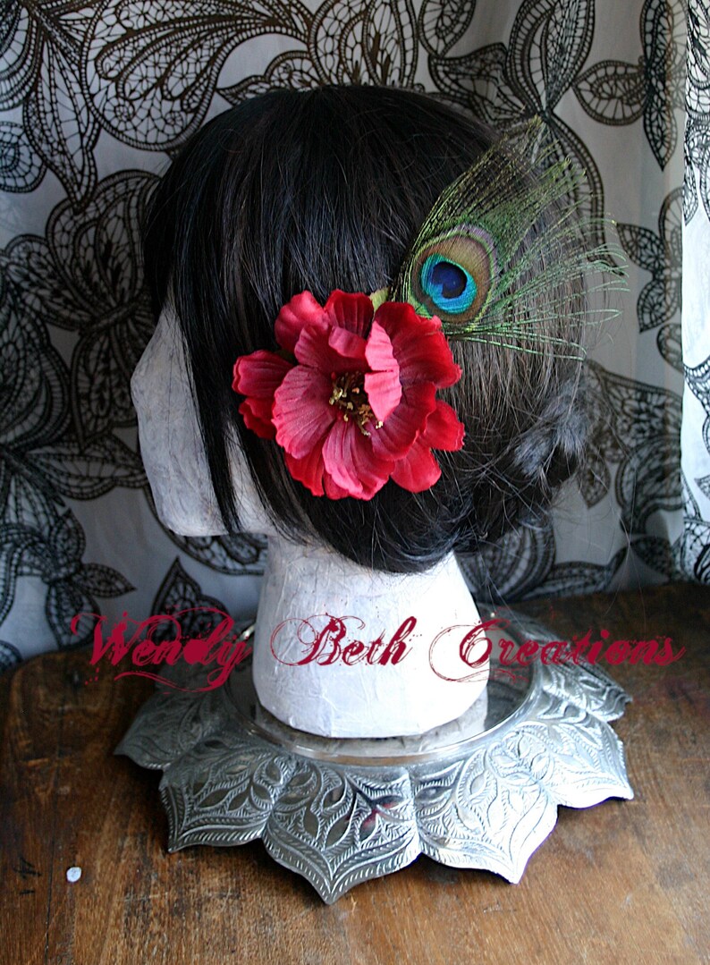 Red Poppy with Peacock Eye Hair Clip Fascinator or Hat Adornment image 1