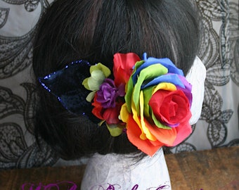 Rainbow Rose and Blue Velvet Leaf II Hair Clip Fascinator or Hat Adornment