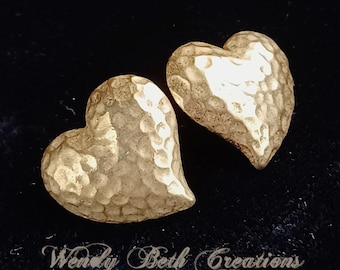 Vintage Goldtone Hammered Metal Heart Post Earrings