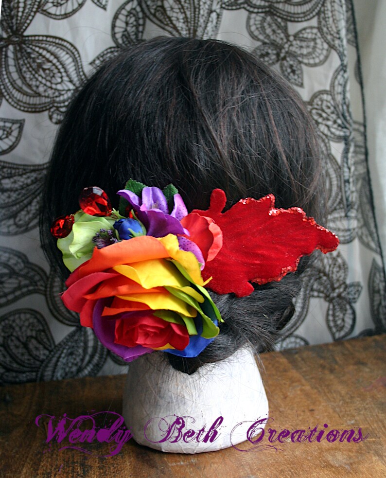 Rainbow Rose and Red Velvet Leaf Hair Clip Fascinator or Hat Adornment image 5