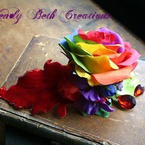 Rainbow Rose and Red Velvet Leaf Hair Clip Fascinator or Hat Adornment image 9