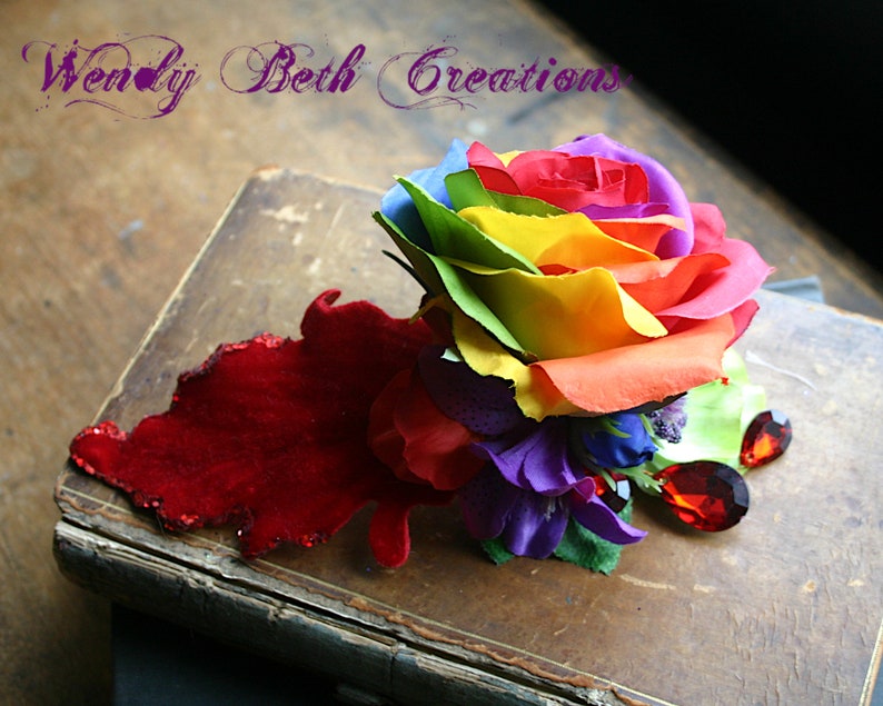 Rainbow Rose and Red Velvet Leaf Hair Clip Fascinator or Hat Adornment image 9