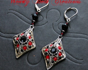 Red and Black Tribal Steampunk Vintage Salvage Assemblage Earrings