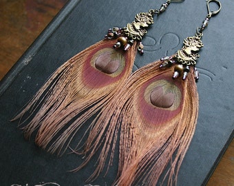 Dusty Mauve Peacock Feather and Cameo Chandelier Earrings