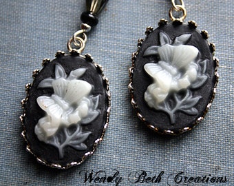 Black and White Butterfly Cameo Victorian Steampunk Earrings
