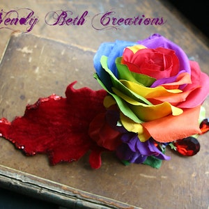 Rainbow Rose and Red Velvet Leaf Hair Clip Fascinator or Hat Adornment image 2