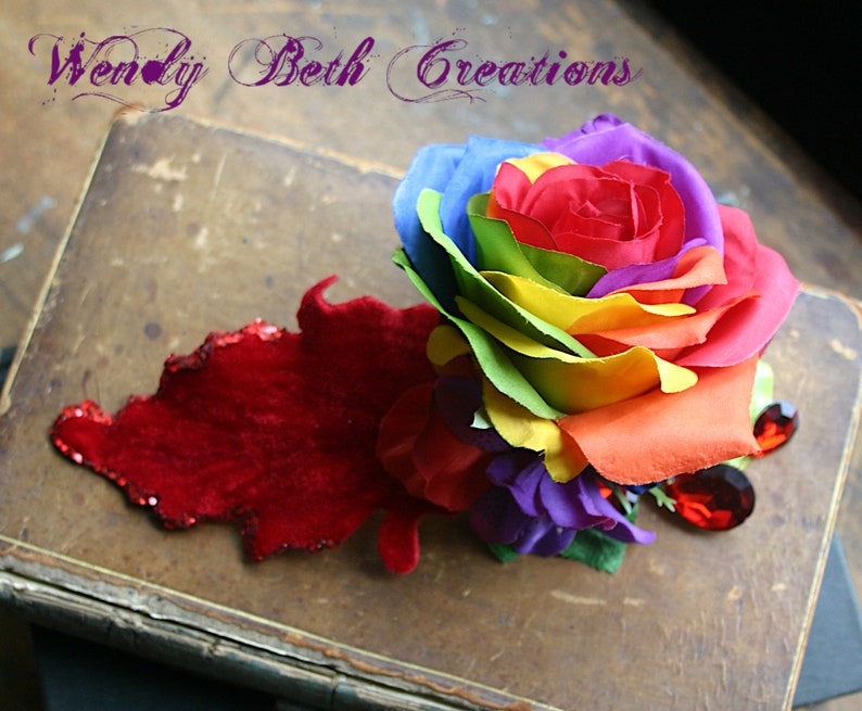 Rainbow Rose and Red Velvet Leaf Hair Clip Fascinator or Hat Adornment image 2