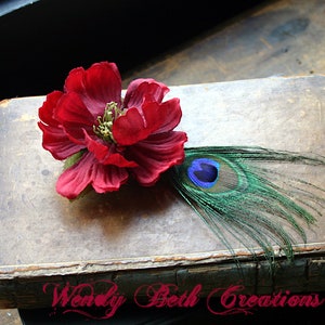 Red Poppy with Peacock Eye Hair Clip Fascinator or Hat Adornment image 2