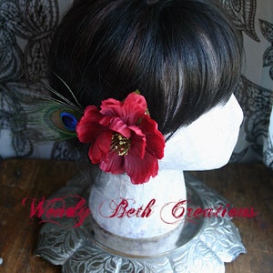 Red Poppy with Peacock Eye Hair Clip Fascinator or Hat Adornment image 9