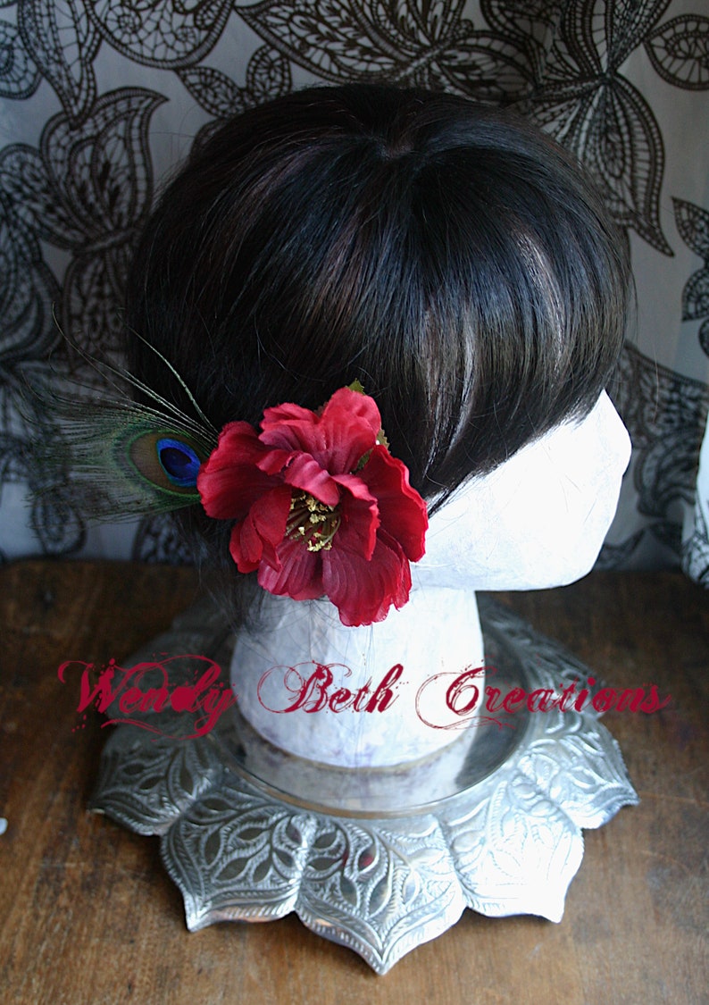 Red Poppy with Peacock Eye Hair Clip Fascinator or Hat Adornment image 9