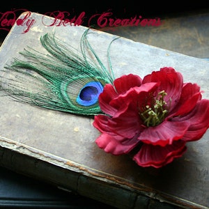 Red Poppy with Peacock Eye Hair Clip Fascinator or Hat Adornment image 7