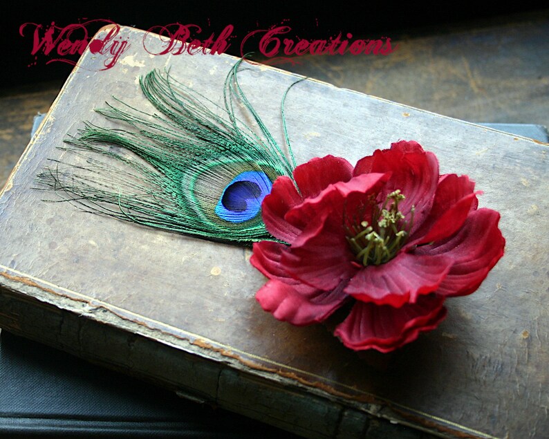 Red Poppy with Peacock Eye Hair Clip Fascinator or Hat Adornment image 7