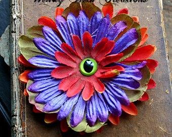 Eye of Newt Hair Clip Fascinator - Fall, Halloween, Vegan, Daisy, Red, Purple, Green, Cat Eye, Pin Up, Lizard, Dragon, Witch, Steampunk