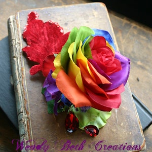 Rainbow Rose and Red Velvet Leaf Hair Clip Fascinator or Hat Adornment image 6