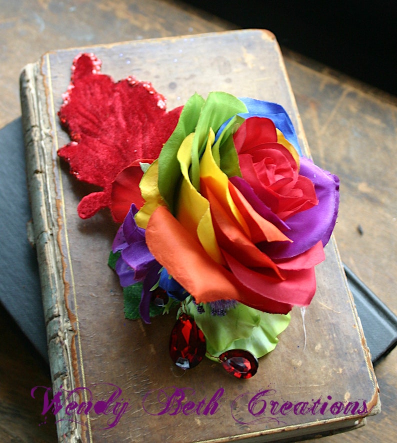 Rainbow Rose and Red Velvet Leaf Hair Clip Fascinator or Hat Adornment image 6