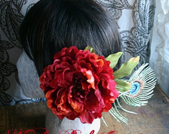 Red Peony and Faux Peacock Feather Vegan Friendly Hair Clip Fascinator or Hat Clip