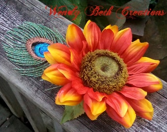 Autumn Sunset Hair Clip Fascinator or Hat Adornment Sunflower with Faux Peacock Feather