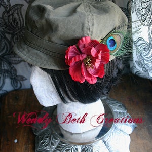 Red Poppy with Peacock Eye Hair Clip Fascinator or Hat Adornment image 10