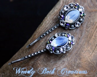 Ice Blue Victorian Steampunk Rhinestone and Vintage Glass Jewel Bobby Pin Set of 2