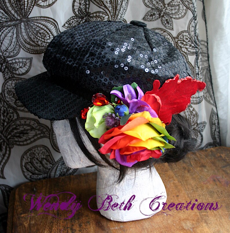 Rainbow Rose and Red Velvet Leaf Hair Clip Fascinator or Hat Adornment image 3