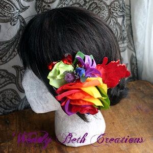 Rainbow Rose and Red Velvet Leaf Hair Clip Fascinator or Hat Adornment image 1