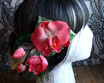 Lady Estrilda Hair Clip Fascinator or Hat Adornment Raspberry Red Orchid with Peacock Sword and Vintage Ostrich Feathers