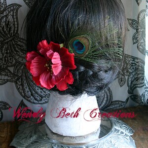 Red Poppy with Peacock Eye Hair Clip Fascinator or Hat Adornment image 5