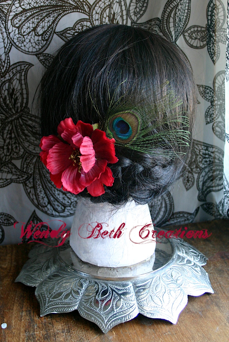 Red Poppy with Peacock Eye Hair Clip Fascinator or Hat Adornment image 5