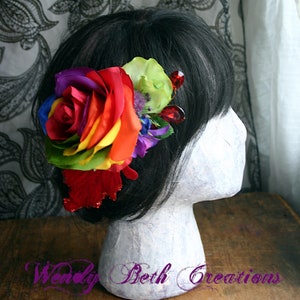 Rainbow Rose and Red Velvet Leaf Hair Clip Fascinator or Hat Adornment image 8