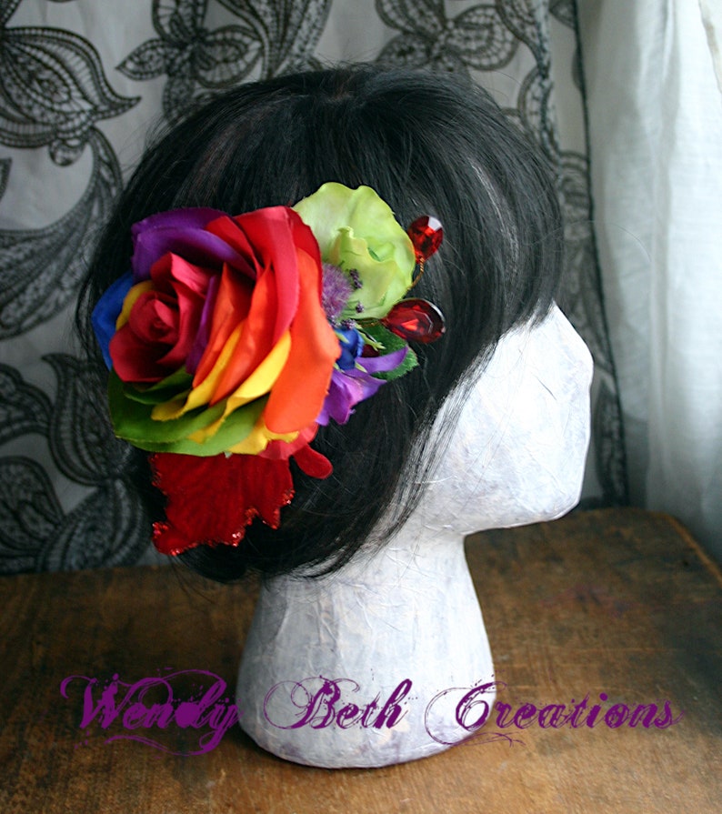 Rainbow Rose and Red Velvet Leaf Hair Clip Fascinator or Hat Adornment image 8