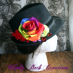 Rainbow Rose and Red Velvet Leaf Hair Clip Fascinator or Hat Adornment image 7