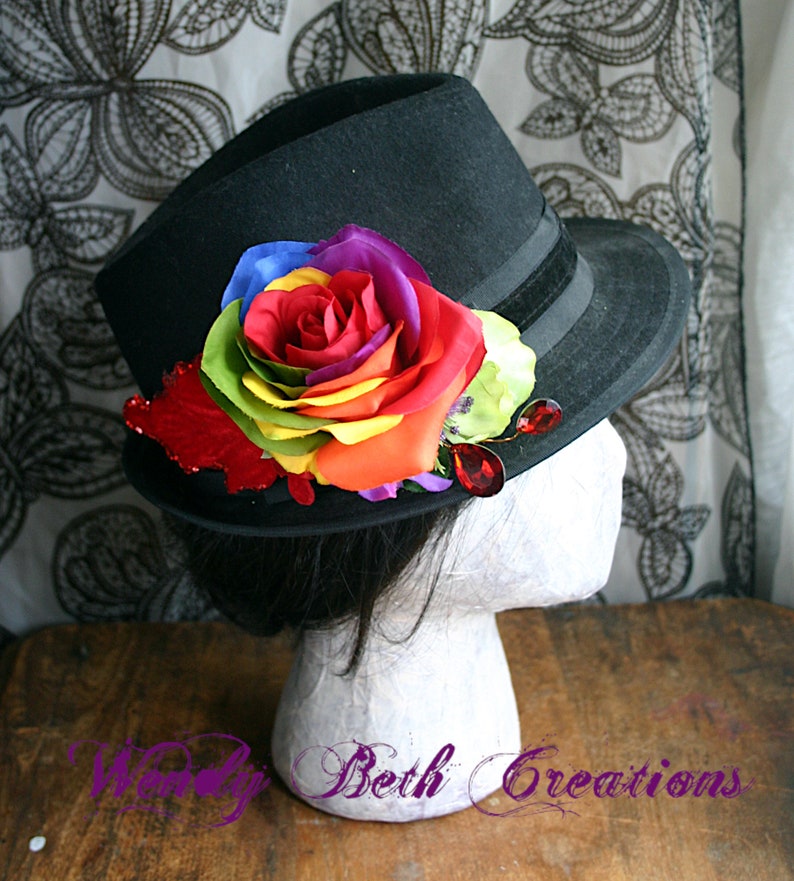 Rainbow Rose and Red Velvet Leaf Hair Clip Fascinator or Hat Adornment image 7