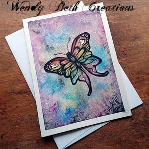 Borboleta Arco-Íris - Cartão de Saudações Original em Branco com Assinatura em Aquarela e Envelope