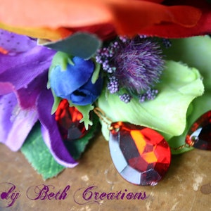 Rainbow Rose and Red Velvet Leaf Hair Clip Fascinator or Hat Adornment image 4