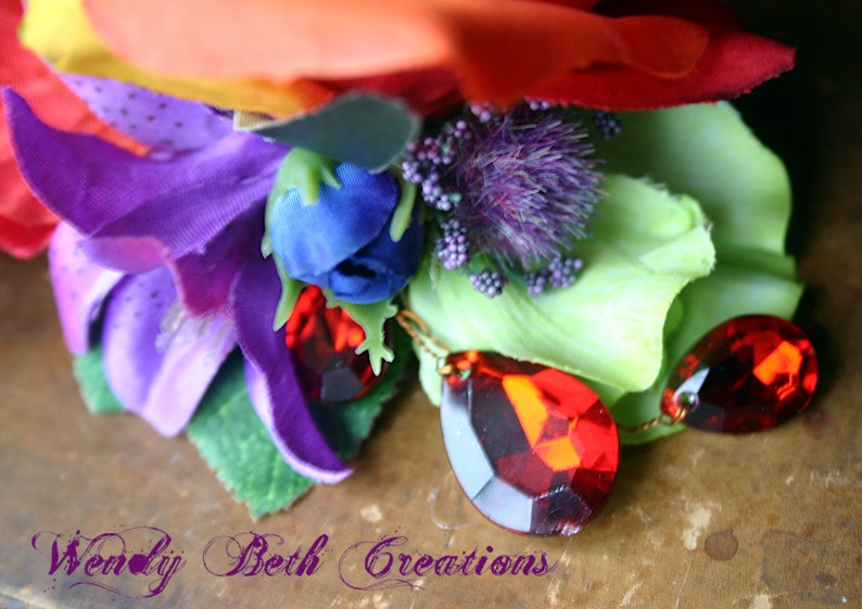 Rainbow Rose and Red Velvet Leaf Hair Clip Fascinator or Hat Adornment image 4