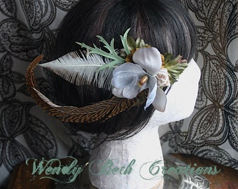 Shoreline Mermaid Hair Clip Fascinator or Steampunk Hat Adornment - Gray Orchid with Sea Shell and Pheasant Feather