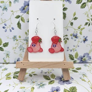 Kirby Nintendo Character Cute Kawaii Strawberry Dangle Hook Shrinkydink Resin Earrings