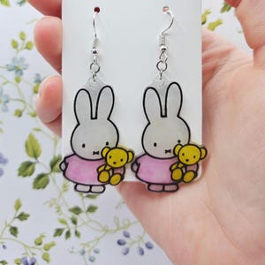 Miffy Nijntje Teddy Bear Bunny Cute Handmade Dangle Hook Shrinkydink Resin Earrings