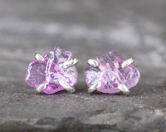 Pink Sapphire Earrings - Pink Gemstone Earrings - Natural Uncut Rough Raw Sapphire - Handmade Sterling Silver Stud Earring