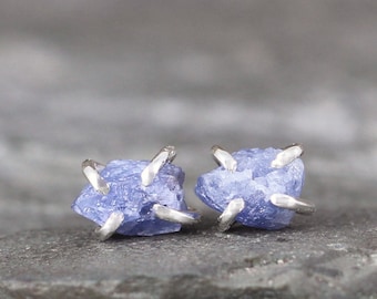 Light Blue Sapphire Earrings - Raw Uncut Rough Sapphire  Sterling Silver Stud Style Rustic Shape  September Birthstone  Raw Gemstone Earring