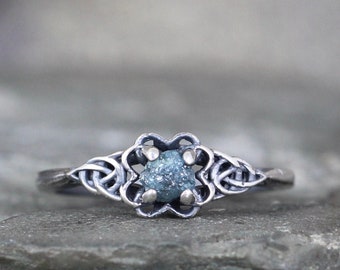 Blue Raw Diamond Celtic Knot Engagement Ring - Raw Rough Uncut Diamond Rings - Sterling Silver - Rustic - Made in Canada