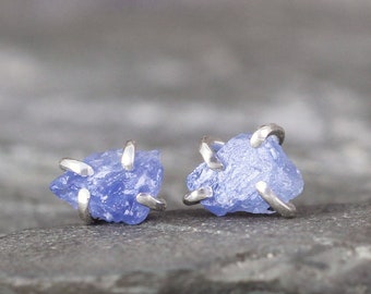 Denim Blue Sapphire Earrings - Raw Uncut Rough Sapphire  Sterling Silver Stud Style Rustic Shape  September Birthstone  Raw Gemstone Earring