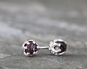 Raw Garnet Earrings - Sterling Silver Filigree Inspired - Stud Earring - January  Birthstone - Uncut Raw Red Gemstone - Made in Canada