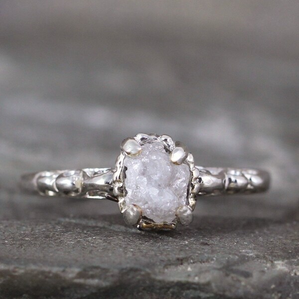 Raw Uncut Rough Diamond Solitaire and Sterling Silver Filigree Ring - Conflict Free Diamond - Antique Styled Engagement Ring